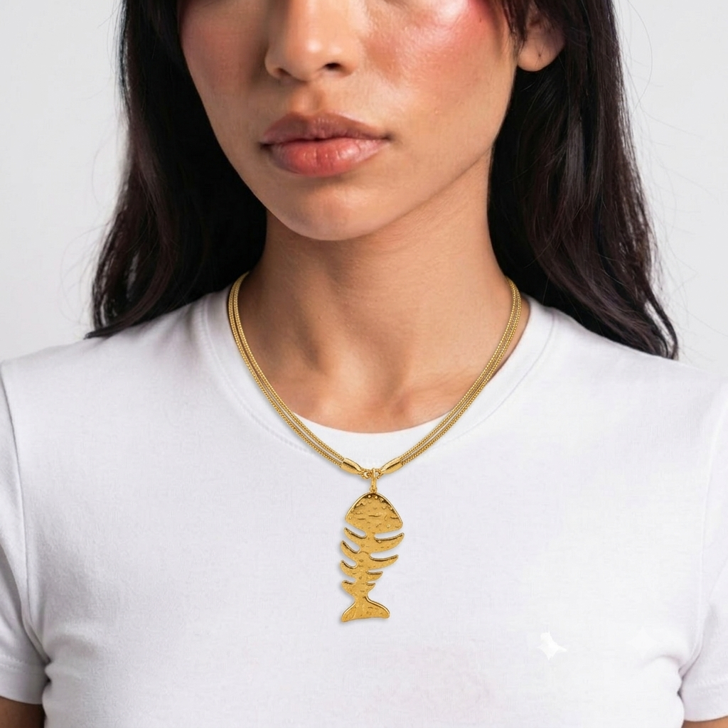 Hammered Fishbone Pendant Necklace For Women, 18K Gold Plated Stainless Steel Snake Chain Choker, Textured Fish Skeleton Summer Beach Jewelry Gift